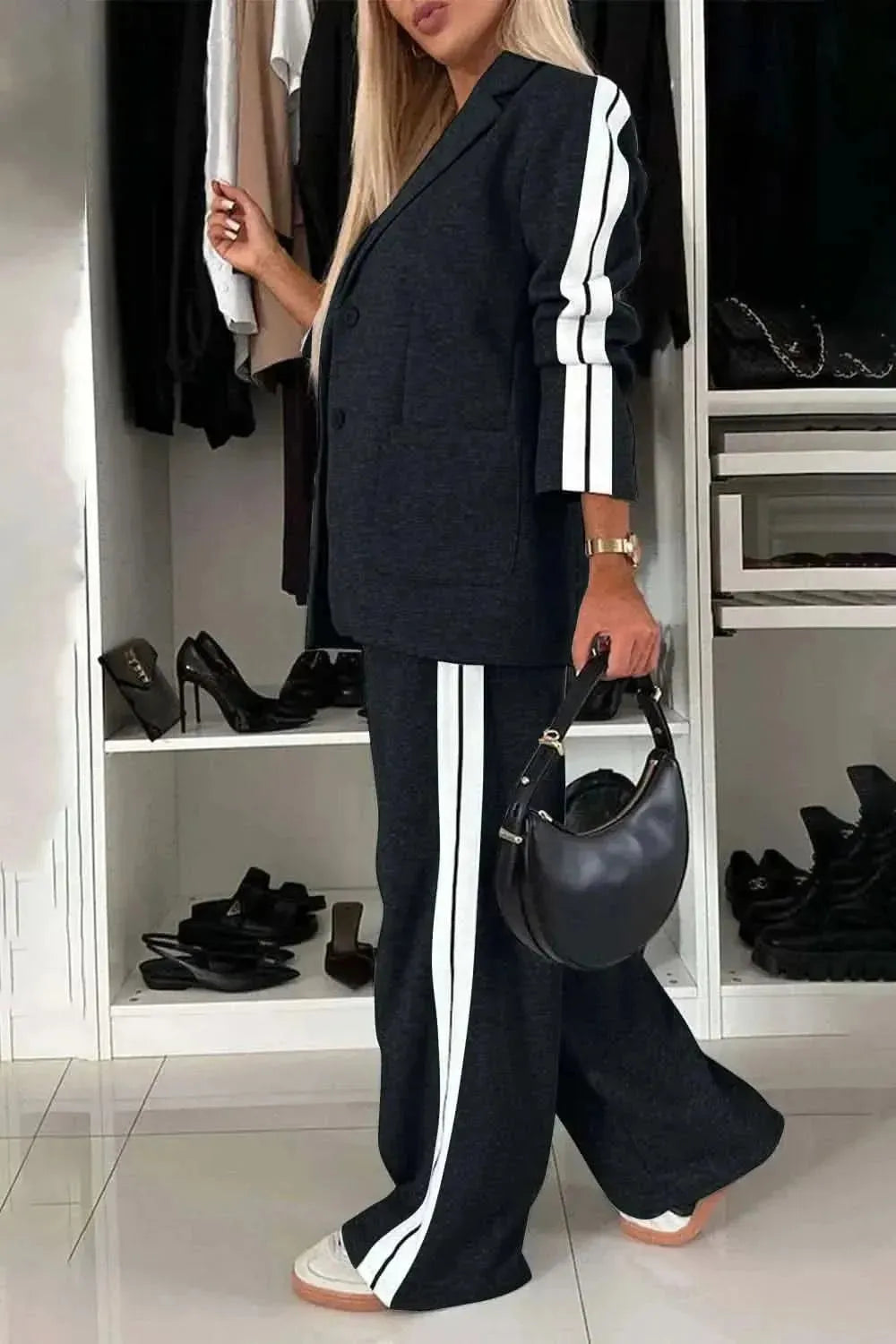 Full Size Contrast Lapel Collar Top and Pants Set - Bad Moms Club