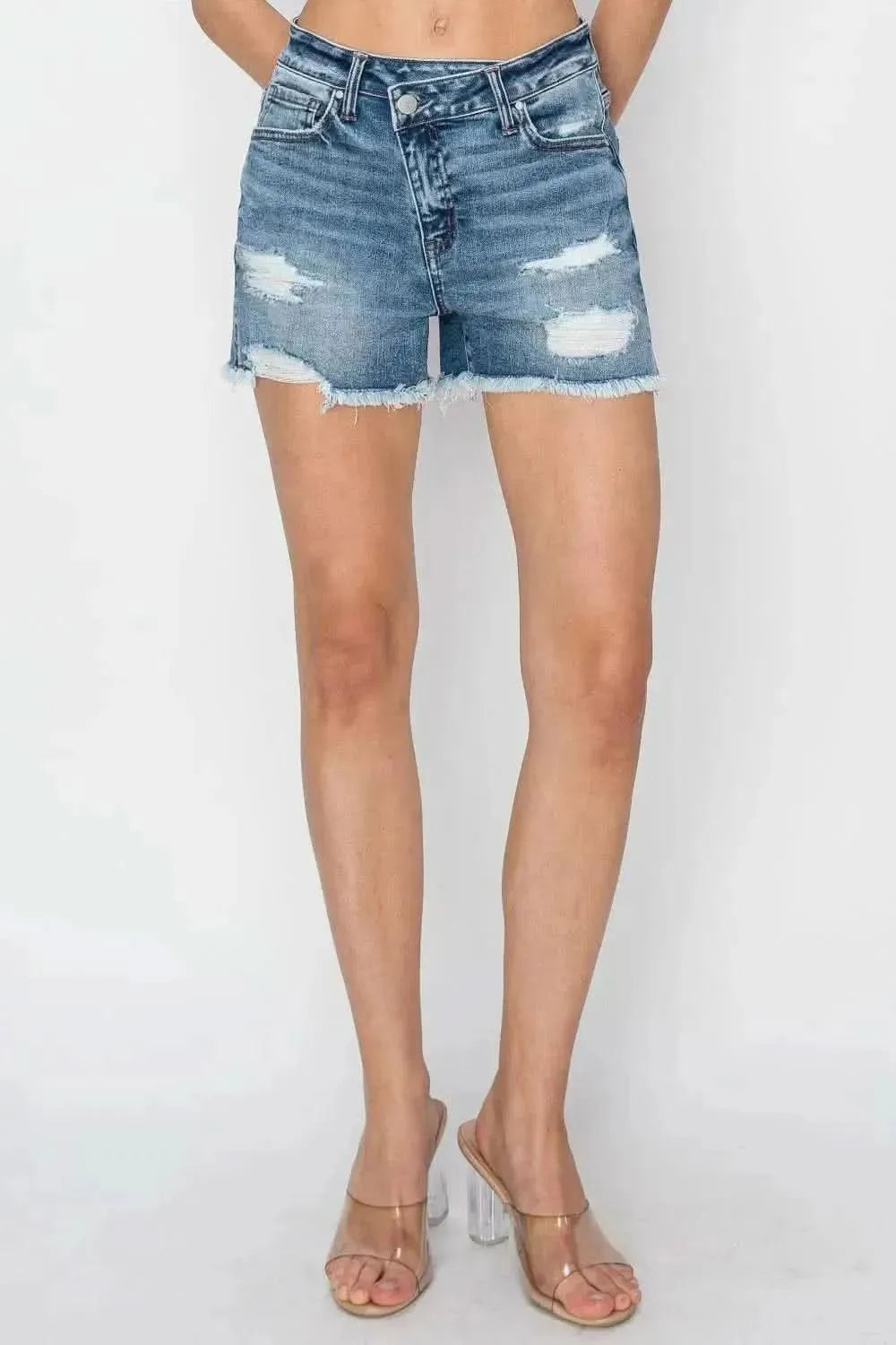 RISEN Stepped Waist Frayed Denim Shorts - Bad Moms Club