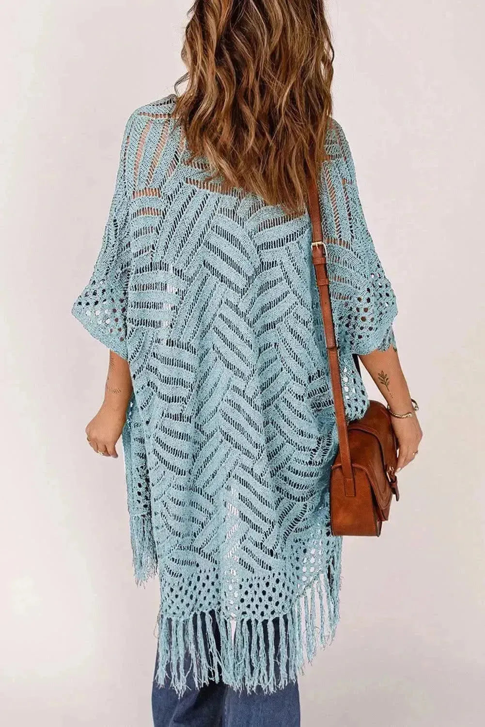 Openwork Open Front Cardigan with Fringes - Bad Moms Club