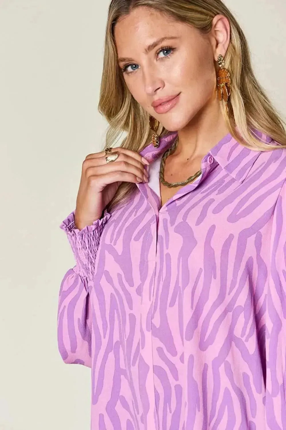 Double Take Full Size Printed Smocked Long Sleeve Blouse - Bad Moms Club