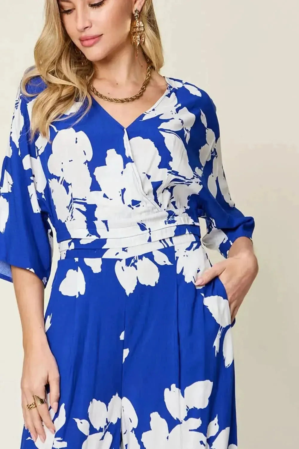 Double Take Full Size Printed Tie Back Wide Leg Jumpsuit - Bad Moms Club