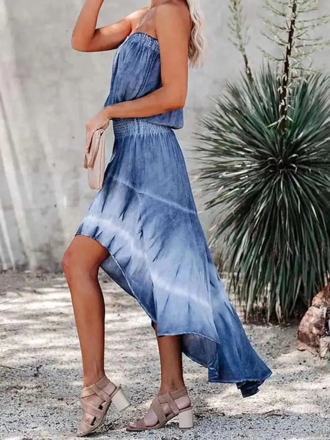 MeiMei Smocked High-Low Tube Denim Dress - Bad Moms Club