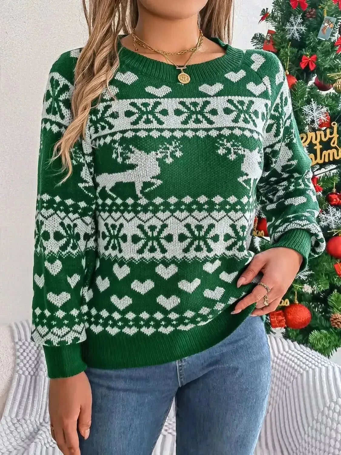 Christmas Element Round Neck Long Sleeve Sweater - Bad Moms Club