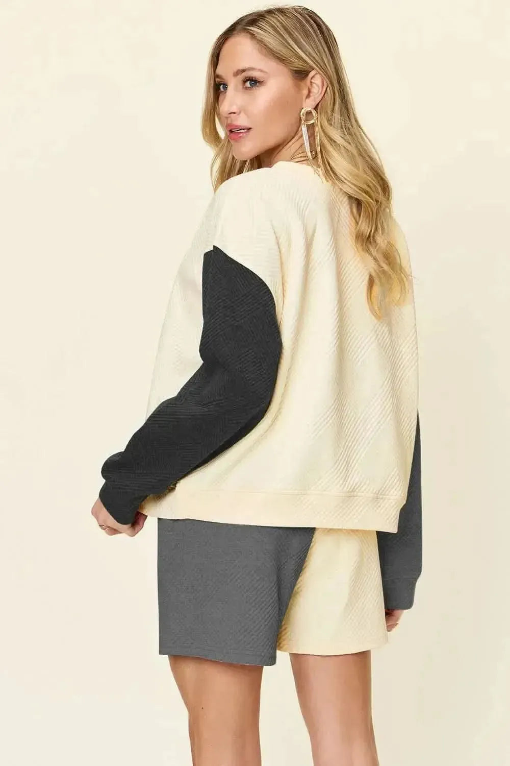 Double Take Full Size Contrast Drop Shoulder Top and Shorts Set - Bad Moms Club