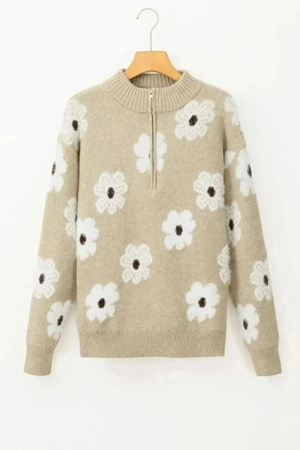 Flower Half Zip Long Sleeve Sweater - Bad Moms Club