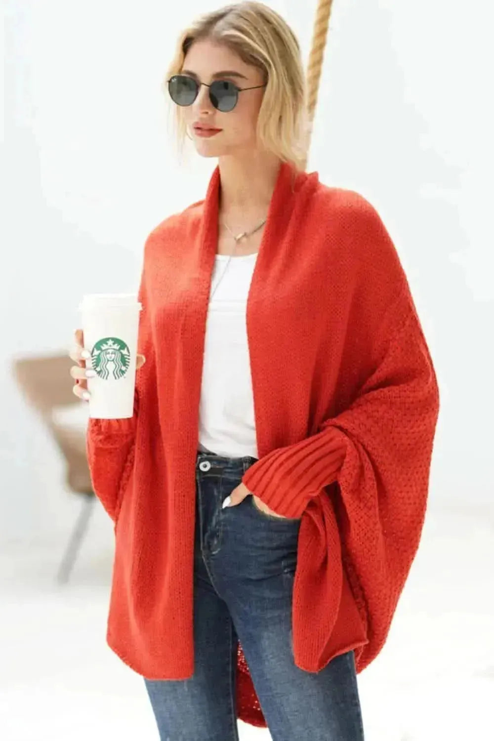 Dolman Sleeve Open Front Ribbed Trim Longline Cardigan - Bad Moms Club