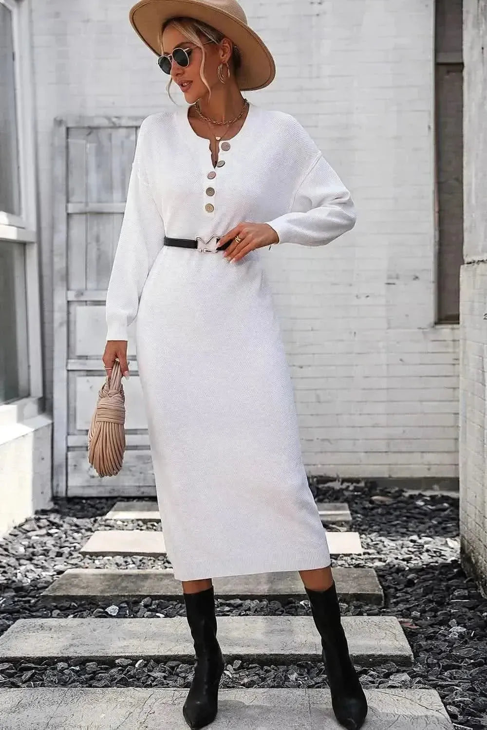 Decorative Button Notched Dropped Shoulder Sweater Dress - Bad Moms Club