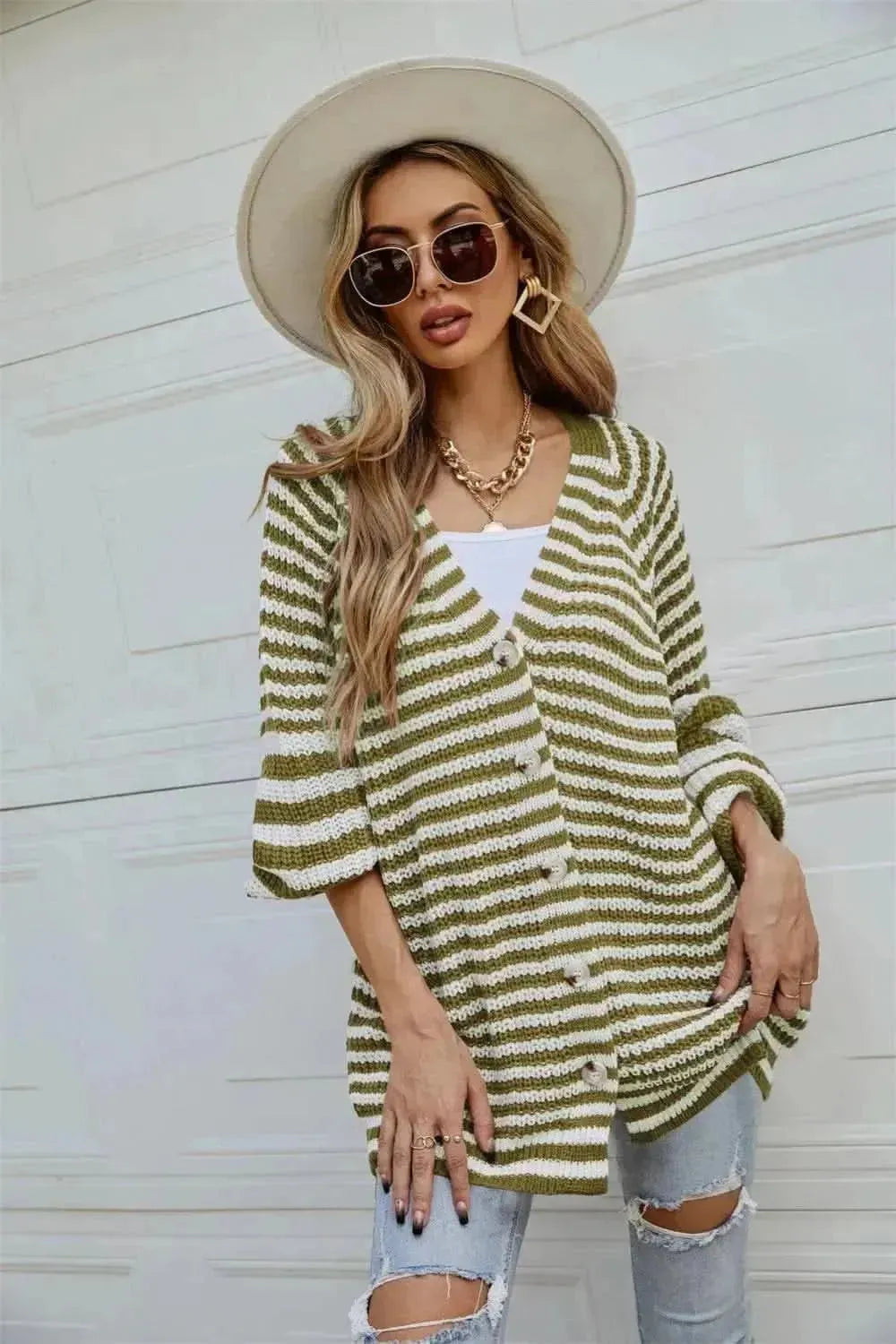 Striped Button Up Long Sleeve Cardigan - Bad Moms Club