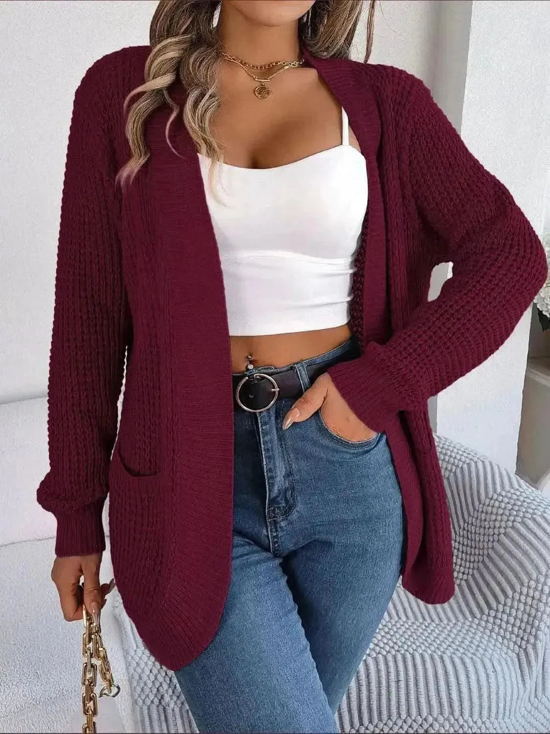 Open Front Long Sleeve Cardigan with Pockets - Bad Moms Club