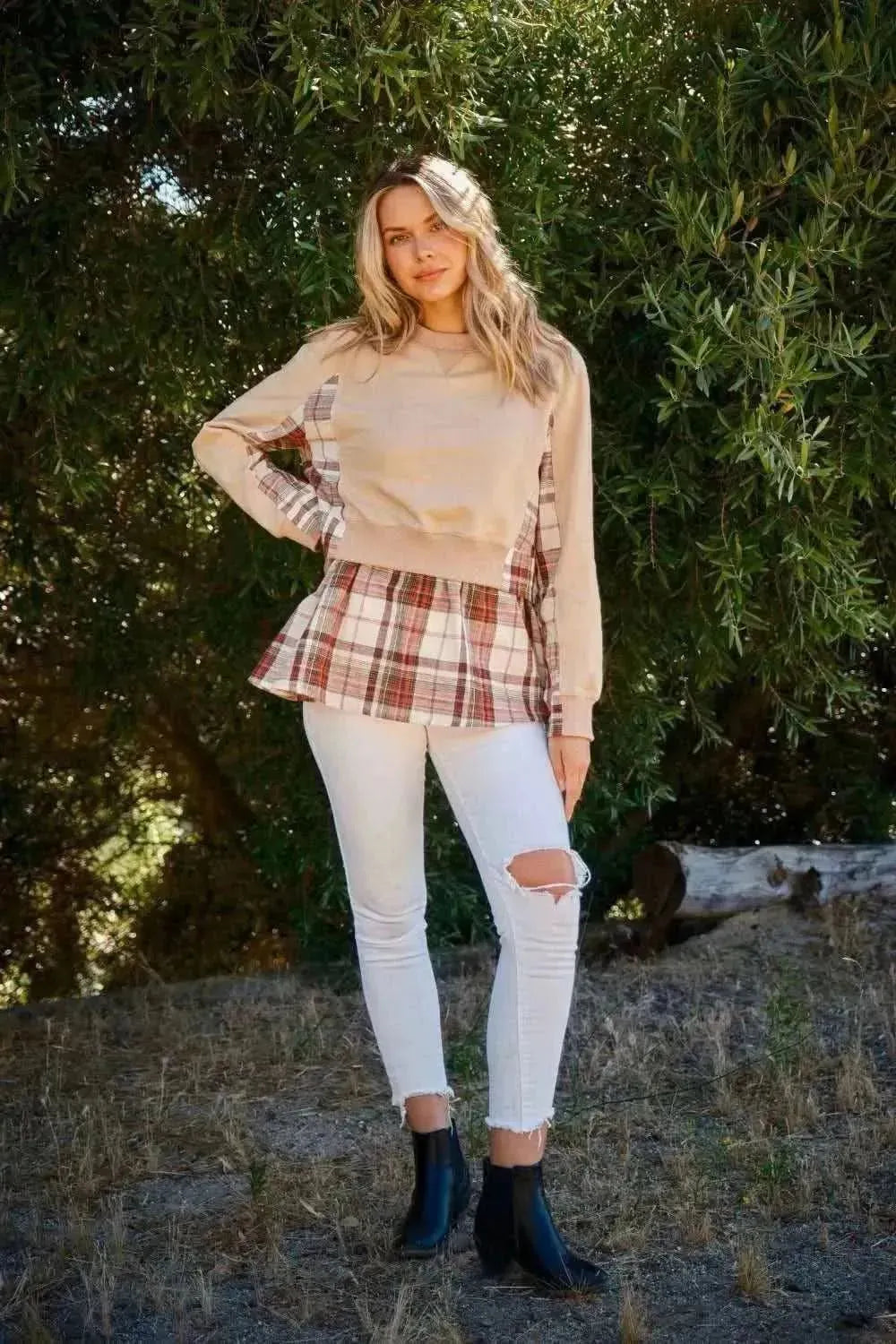 And The Why Full Size Double Layered Plaid Contrast Sweatshirt - Bad Moms Club