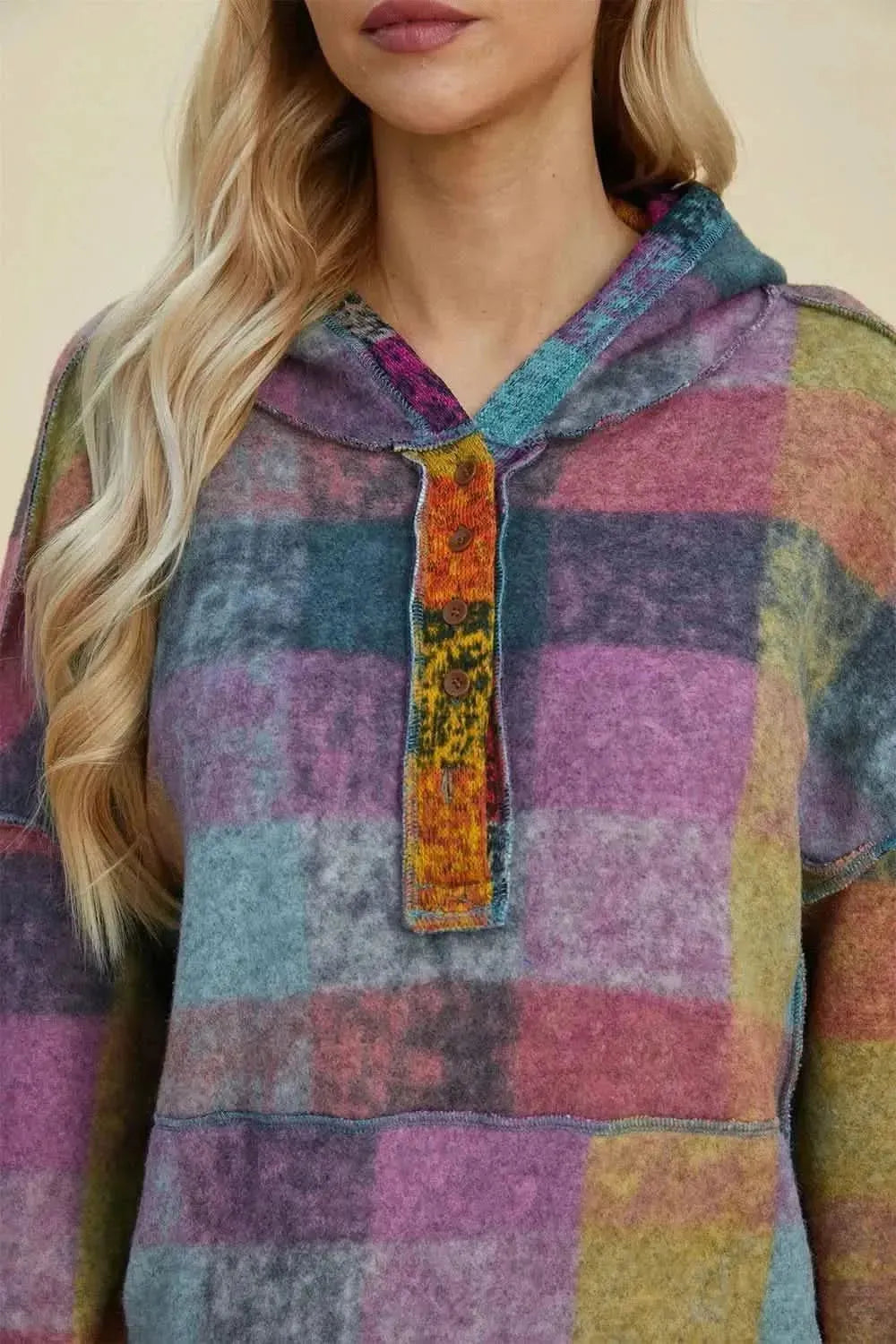 Double Take Full Size Plaid Dropped Shoulder Fleece Hoodie - Bad Moms Club