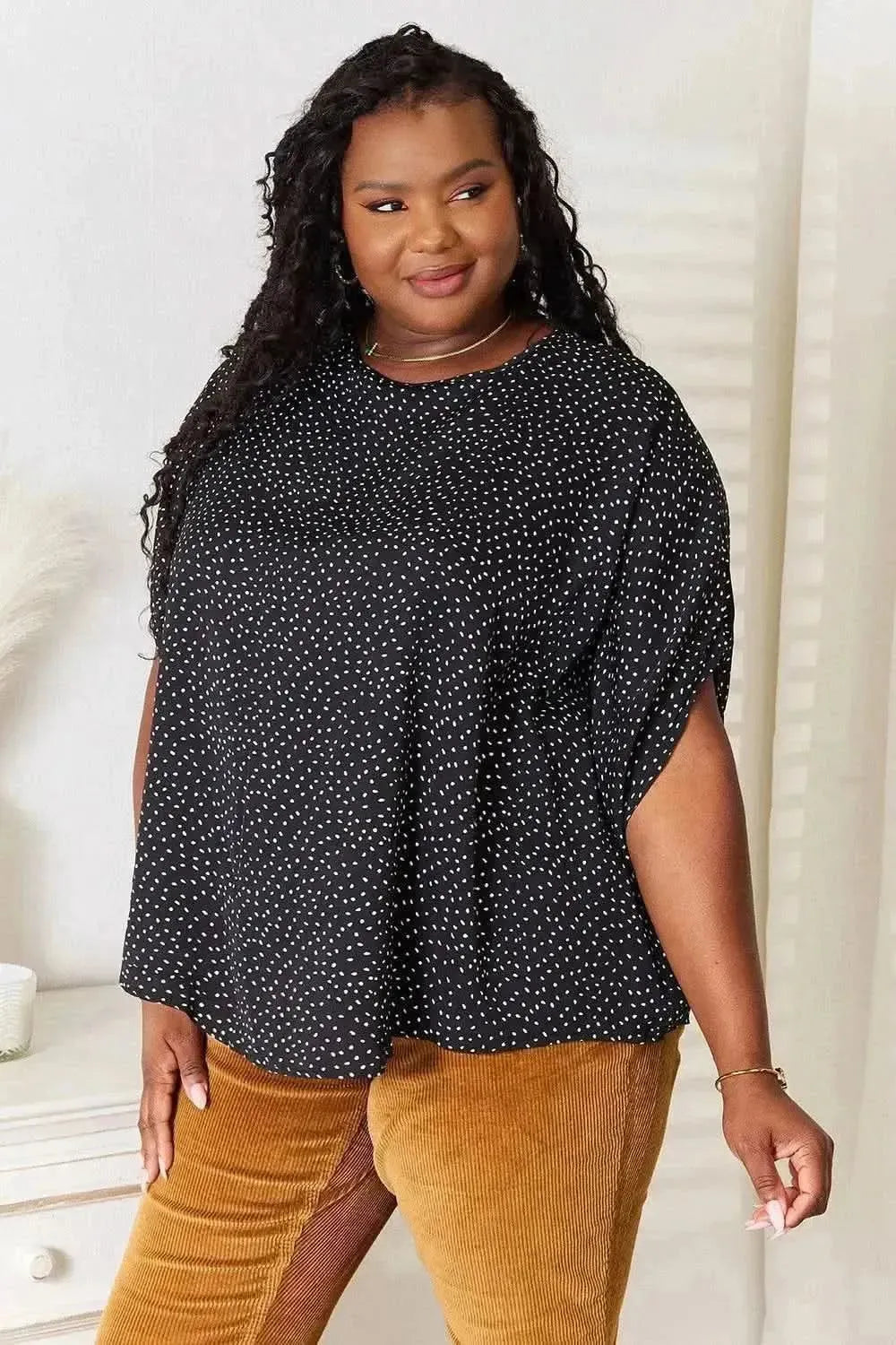 Perfee Printed Dolman Sleeve Round Neck Blouse - Bad Moms Club