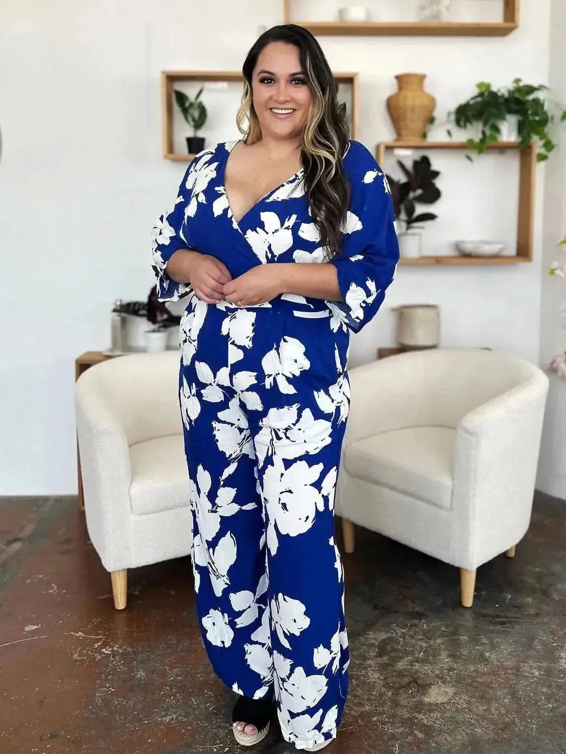 Double Take Full Size Printed Tie Back Wide Leg Jumpsuit - Bad Moms Club