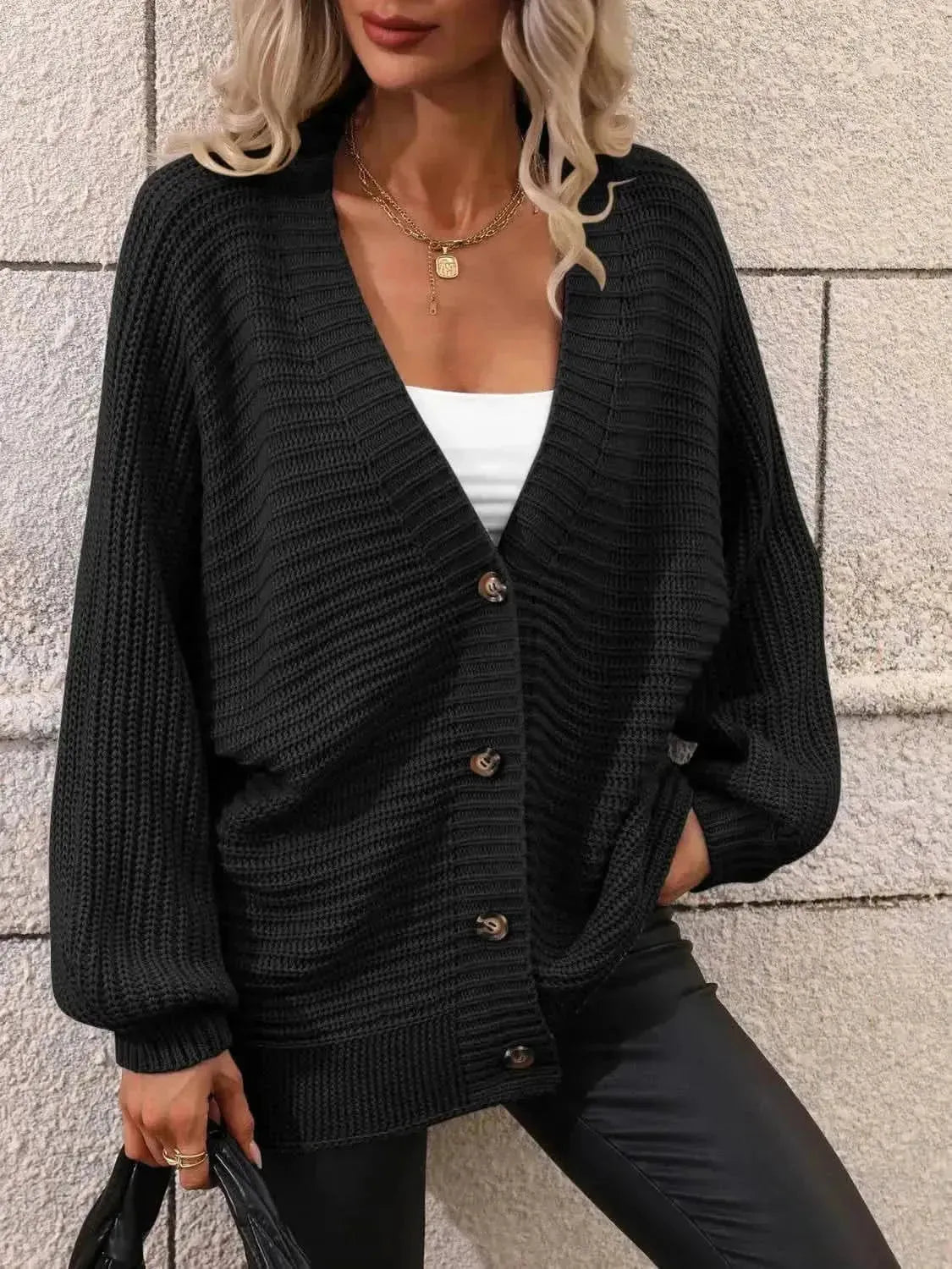 Button Down Horizontal-Ribbing Longline Cardigan - Bad Moms Club
