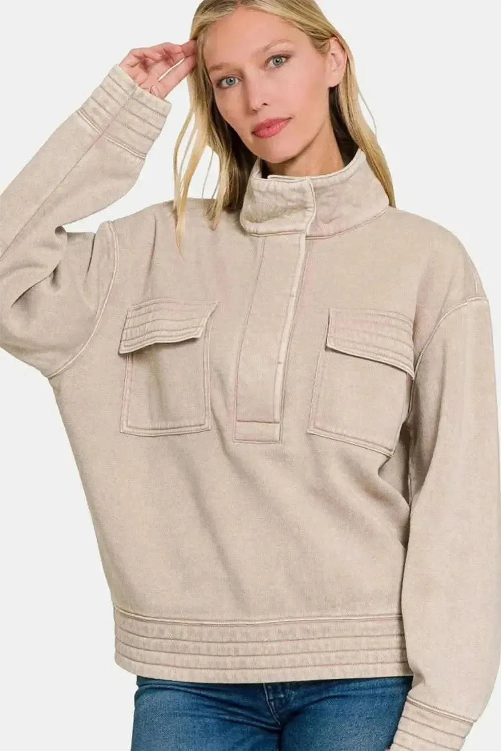 Zenana Acid Washed Half Snap Fleece Sweatshirt - Bad Moms Club