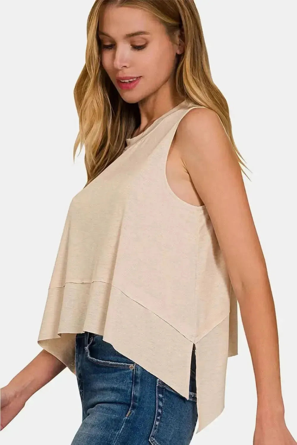 Zenana Exposed Seam Slit Round Neck Tank - Bad Moms Club
