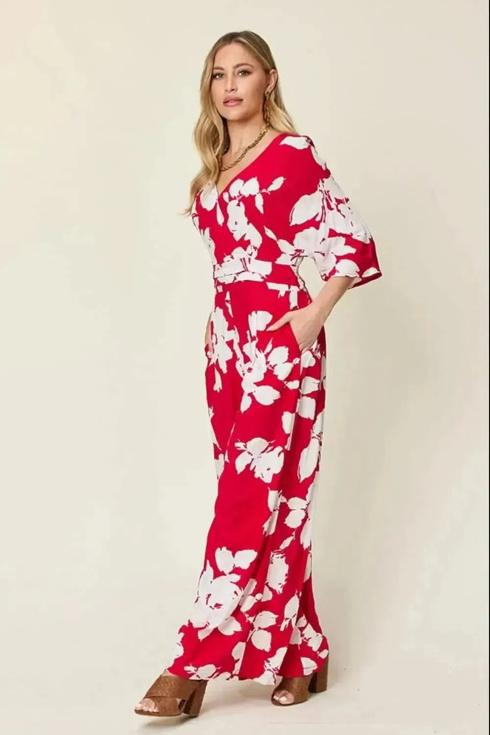 Double Take Full Size Printed Tie Back Wide Leg Jumpsuit - Bad Moms Club