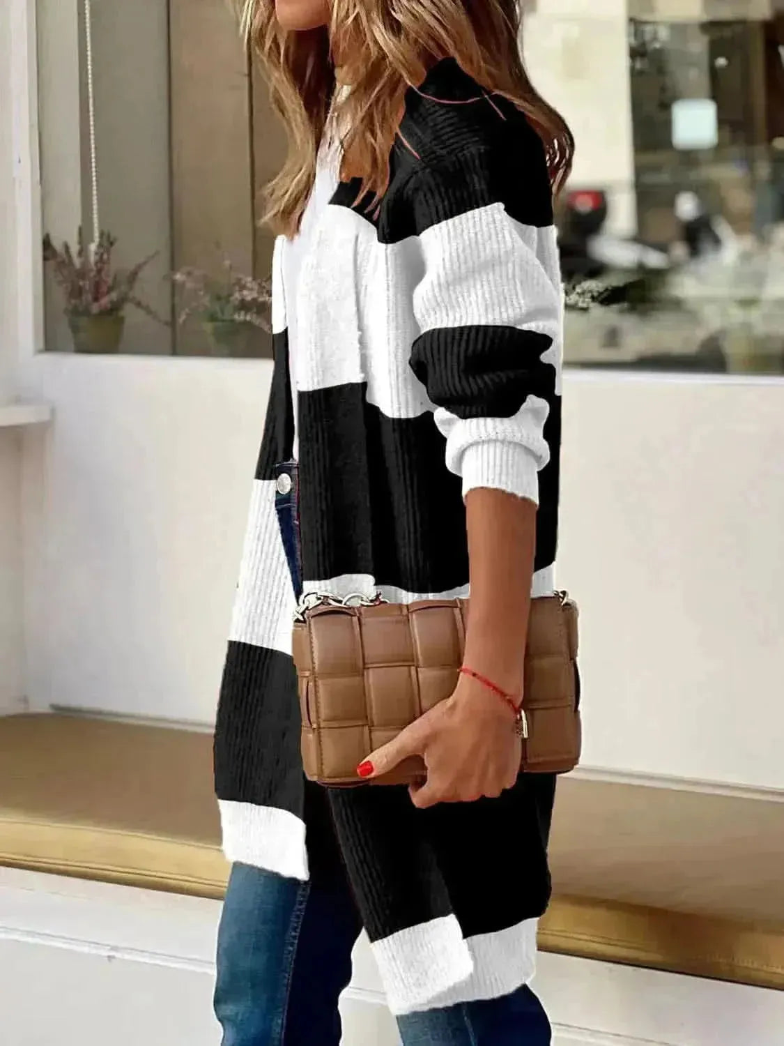 Contrast Open Front Long Sleeve Cardigan - Bad Moms Club