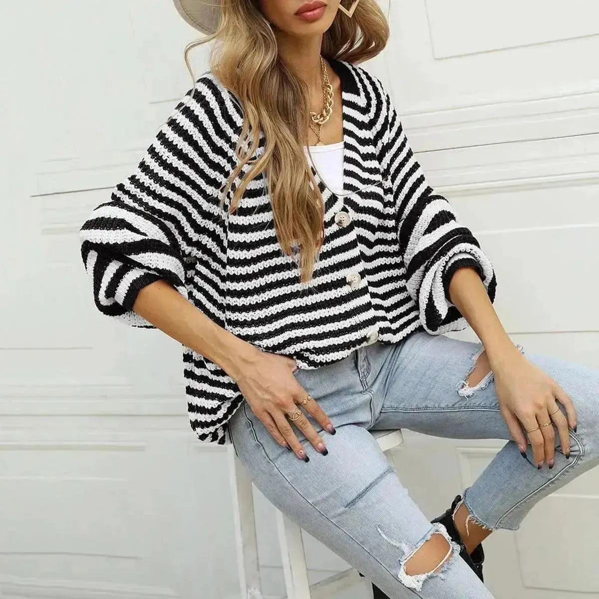 Striped Button Down Long Sleeve Cardigan - Bad Moms Club