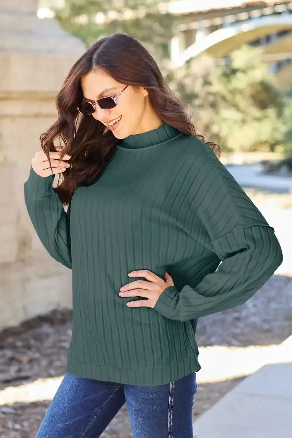 Basic Bae Full Size Ribbed Exposed Seam Mock Neck Knit Top - Bad Moms Club