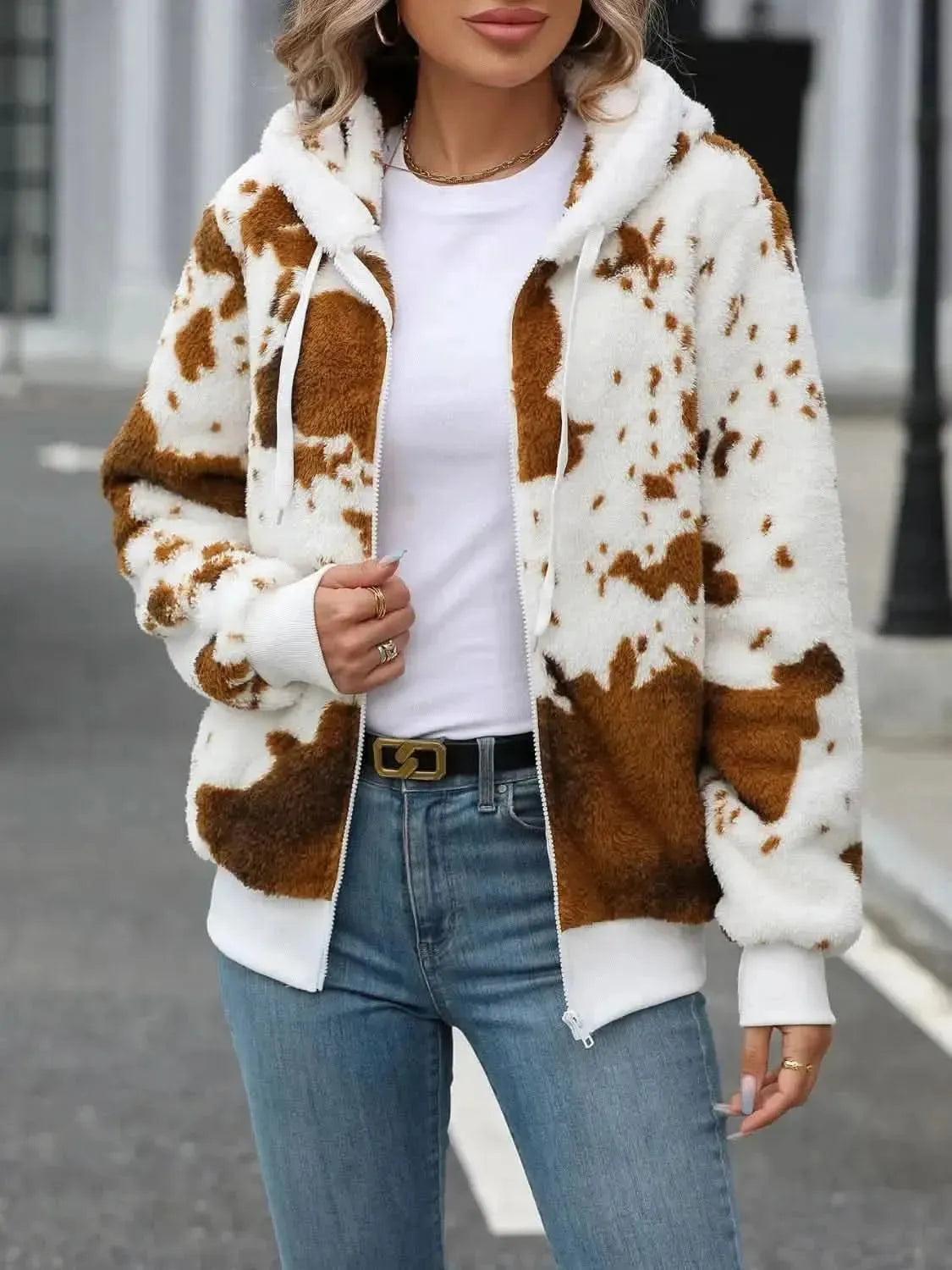 Fuzzy Drawstring Zip Up Hooded Jacket - Bad Moms Club