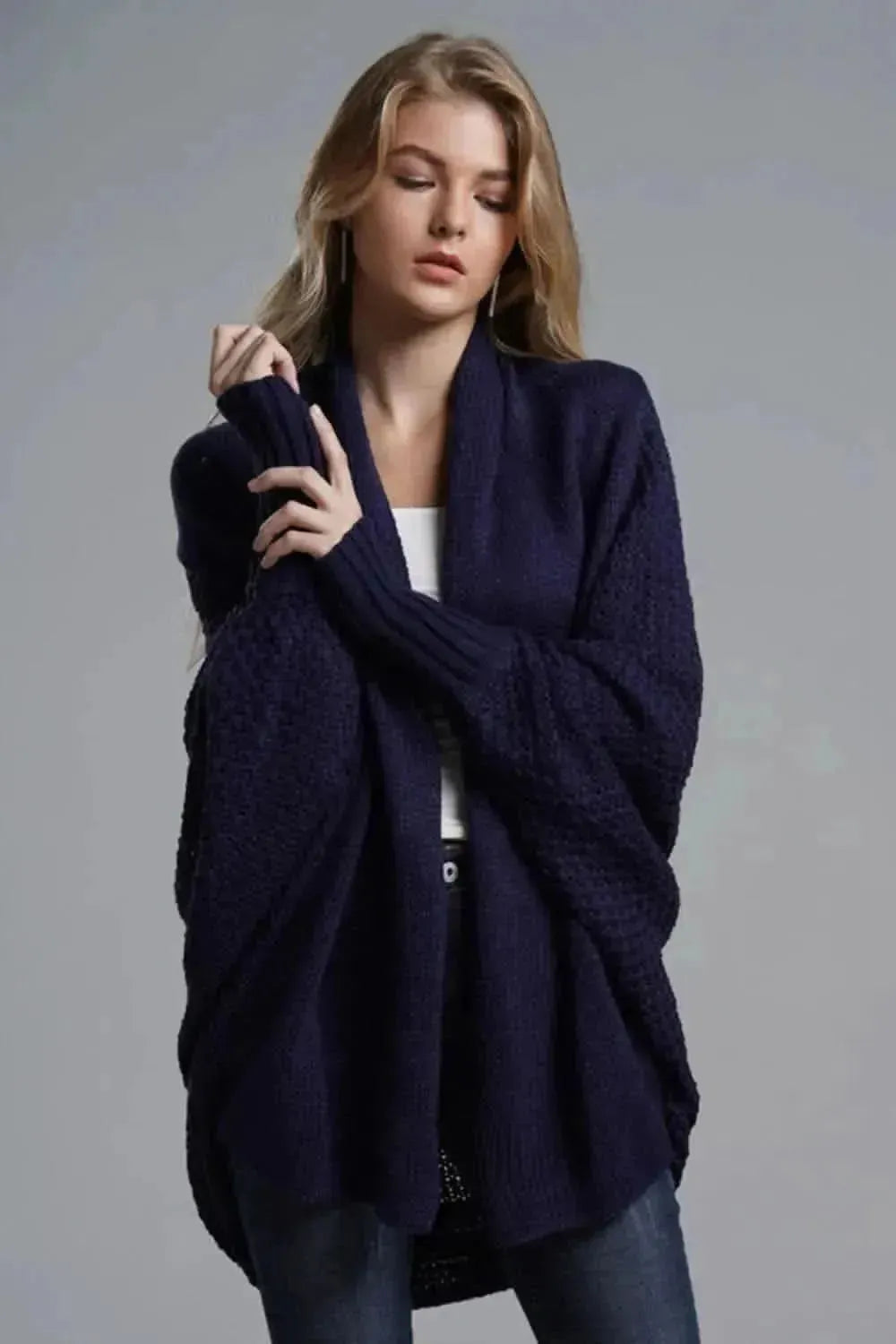 Dolman Sleeve Open Front Ribbed Trim Longline Cardigan - Bad Moms Club