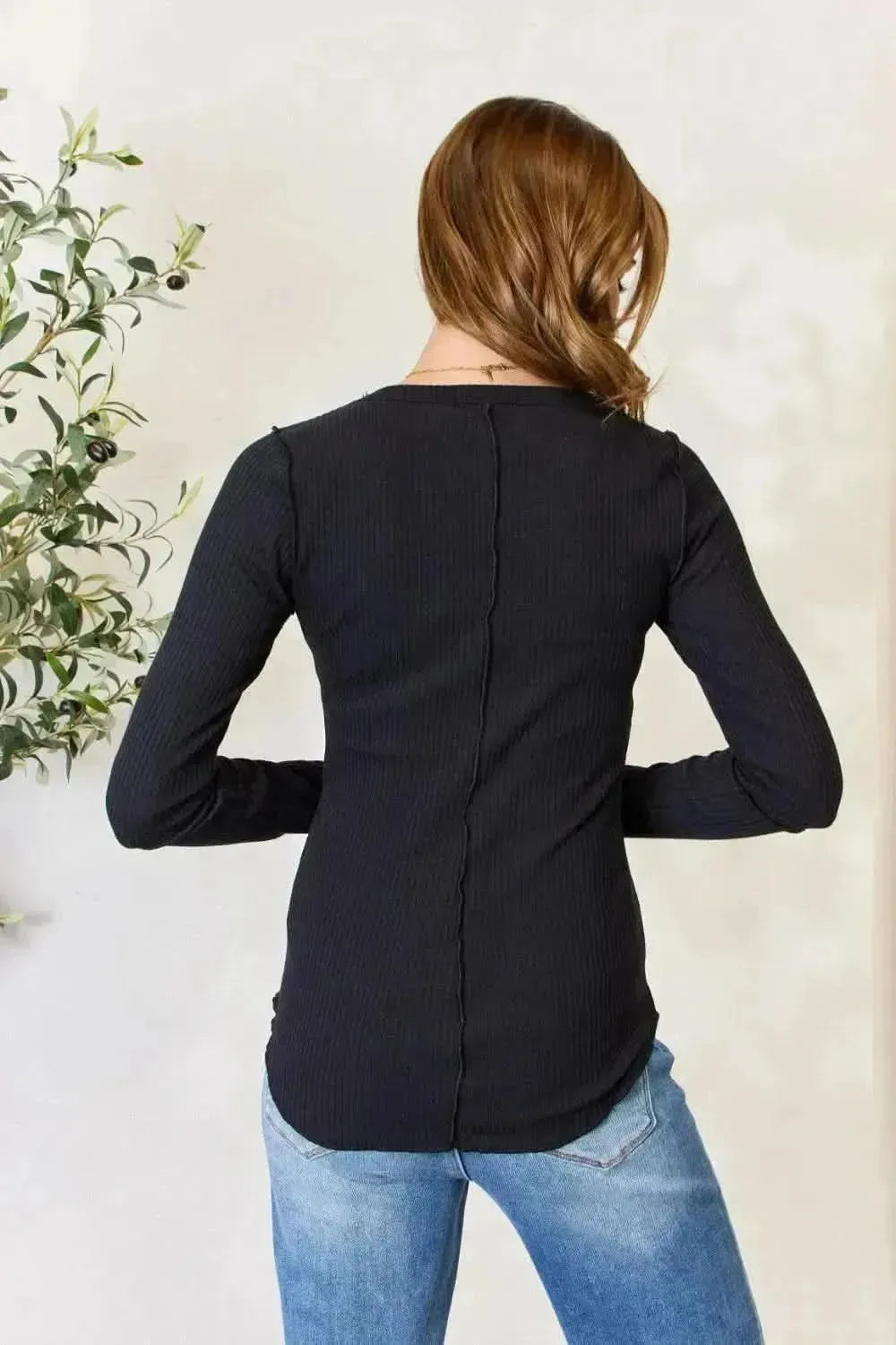 Culture Code Full Size Ribbed Round Neck Long Sleeve Top - Bad Moms Club