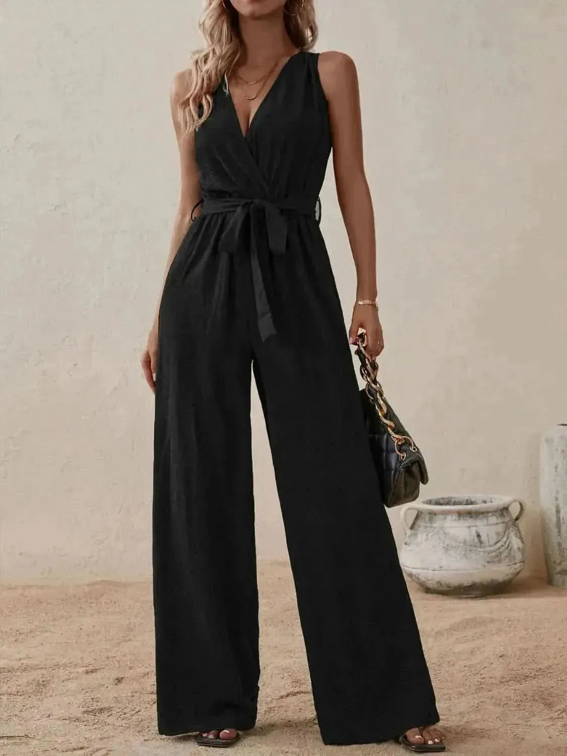 Honey Tied Surplice Sleeveless Wide Leg Jumpsuit - Bad Moms Club