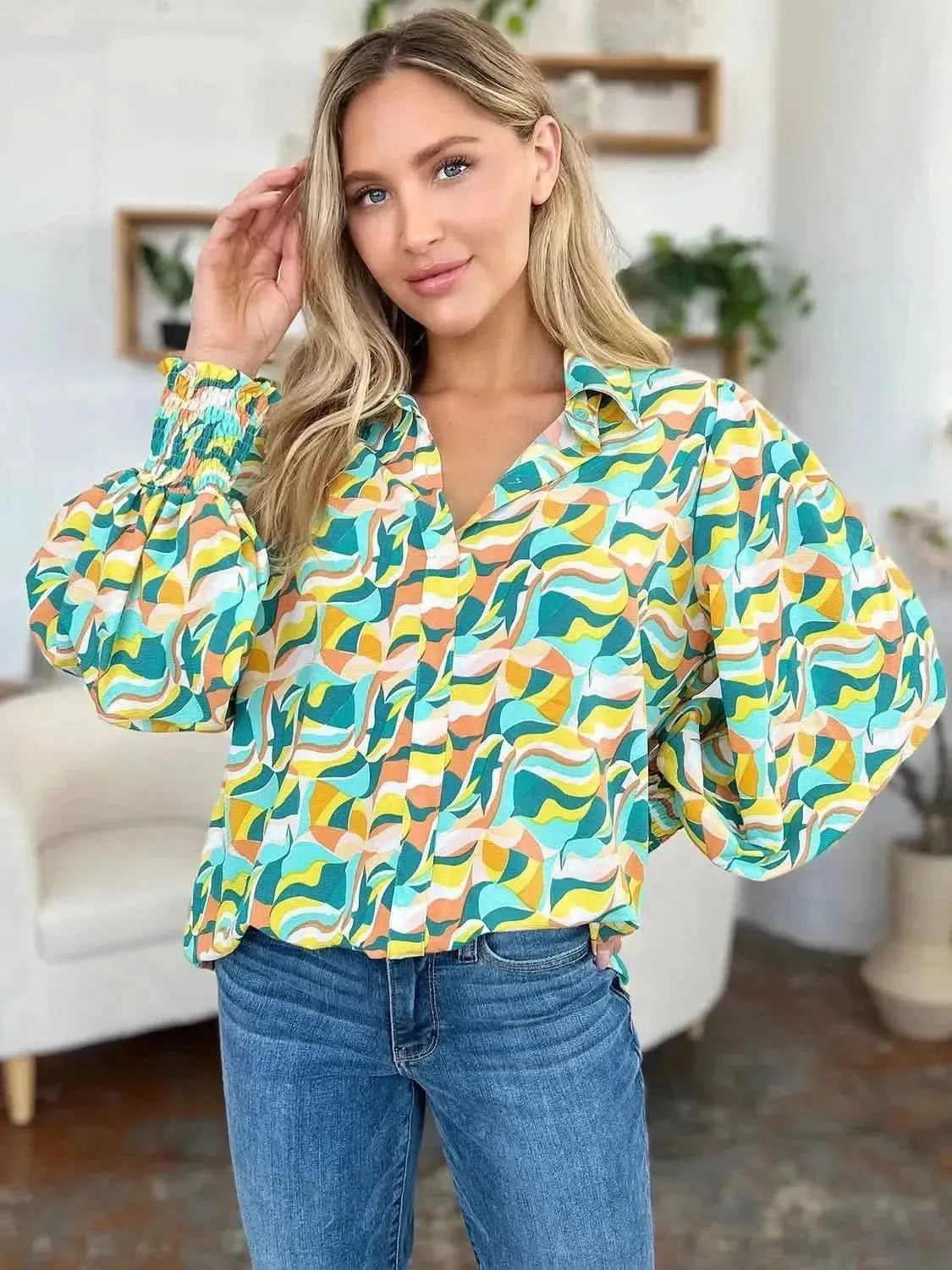 Double Take Full Size Printed Smocked Long Sleeve Blouse - Bad Moms Club
