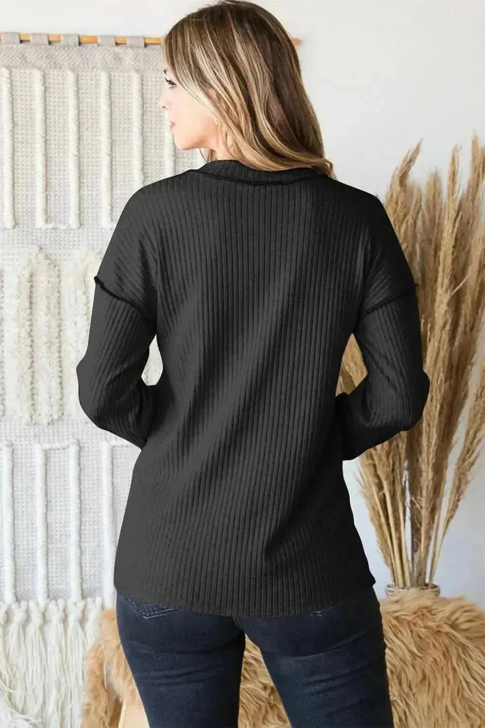 Heimish Full Size Ribbed V-Neck Exposed Seam Top - Bad Moms Club