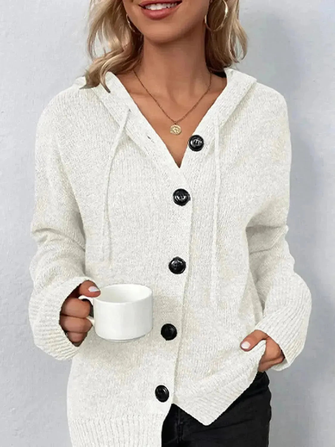 Drawstring Button Up Hooded Cardigan - Bad Moms Club