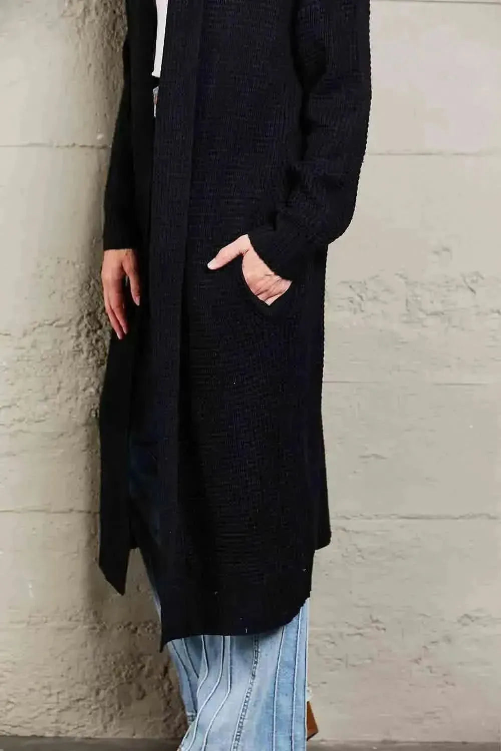 Waffle Knit Open Front Duster Cardigan With Pockets - Bad Moms Club