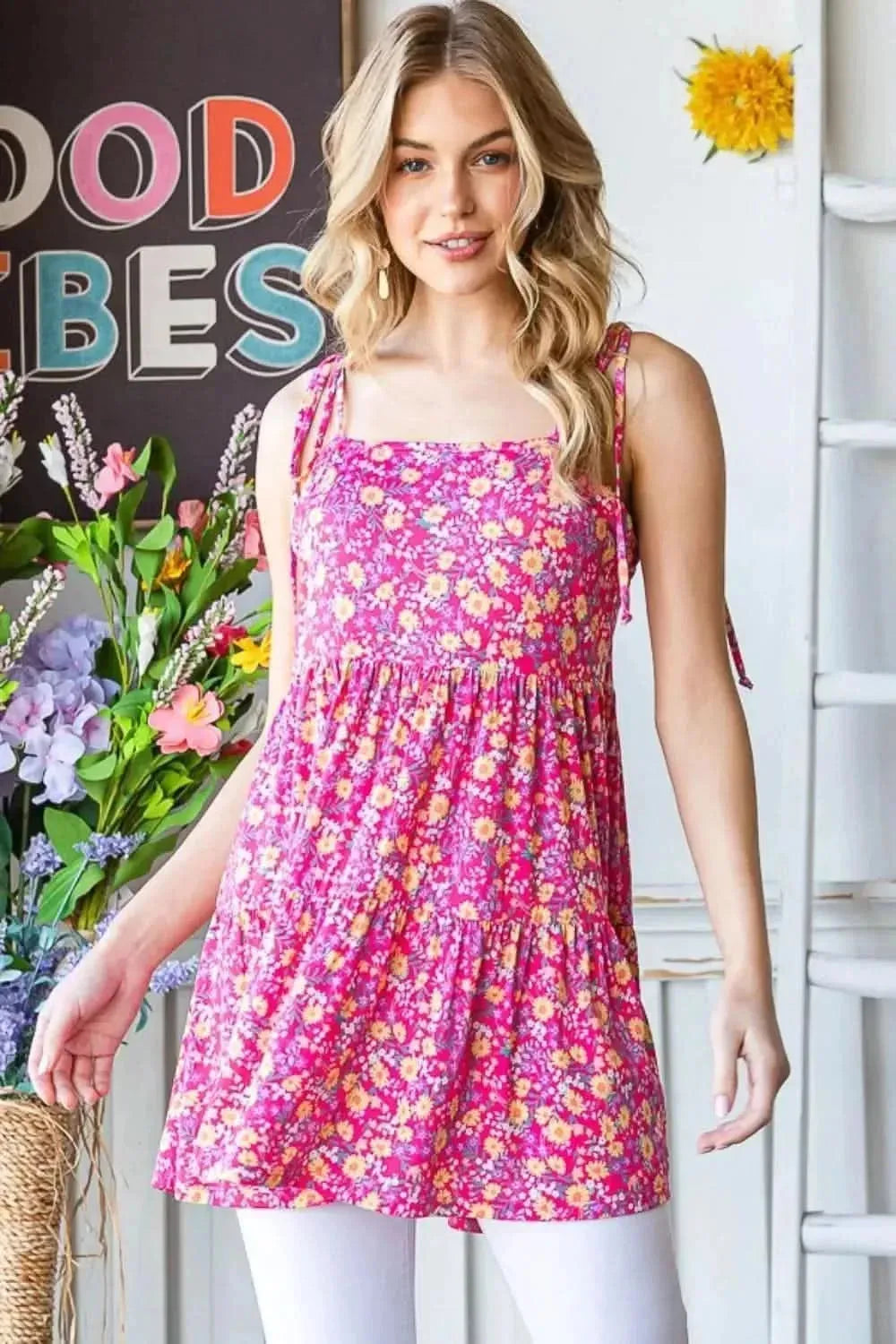 Heimish Full size Floral Tie Shoulder Tiered Cami - Bad Moms Club