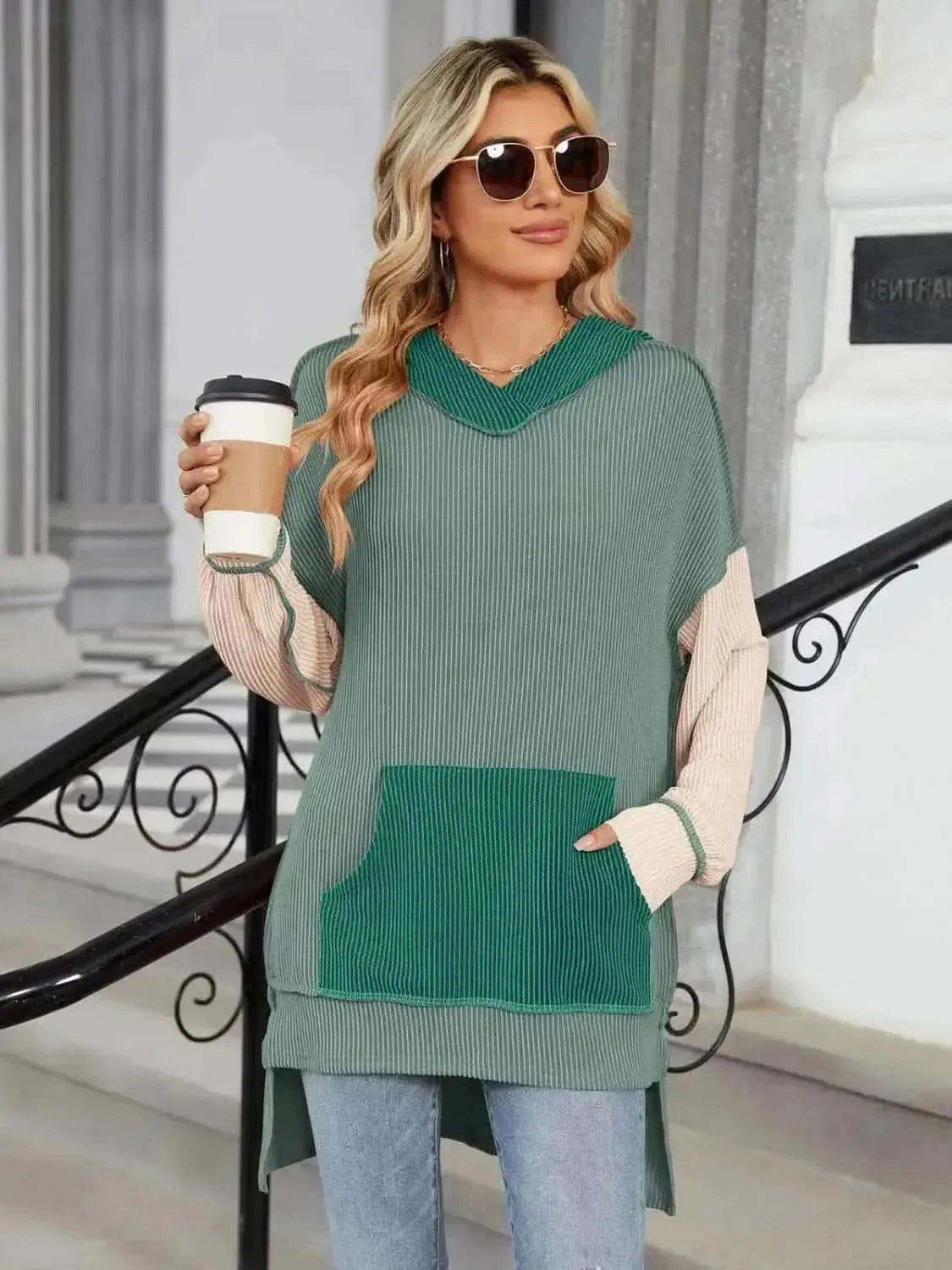 Double Take Contrast Hooded Long Sleeve Top - Bad Moms Club