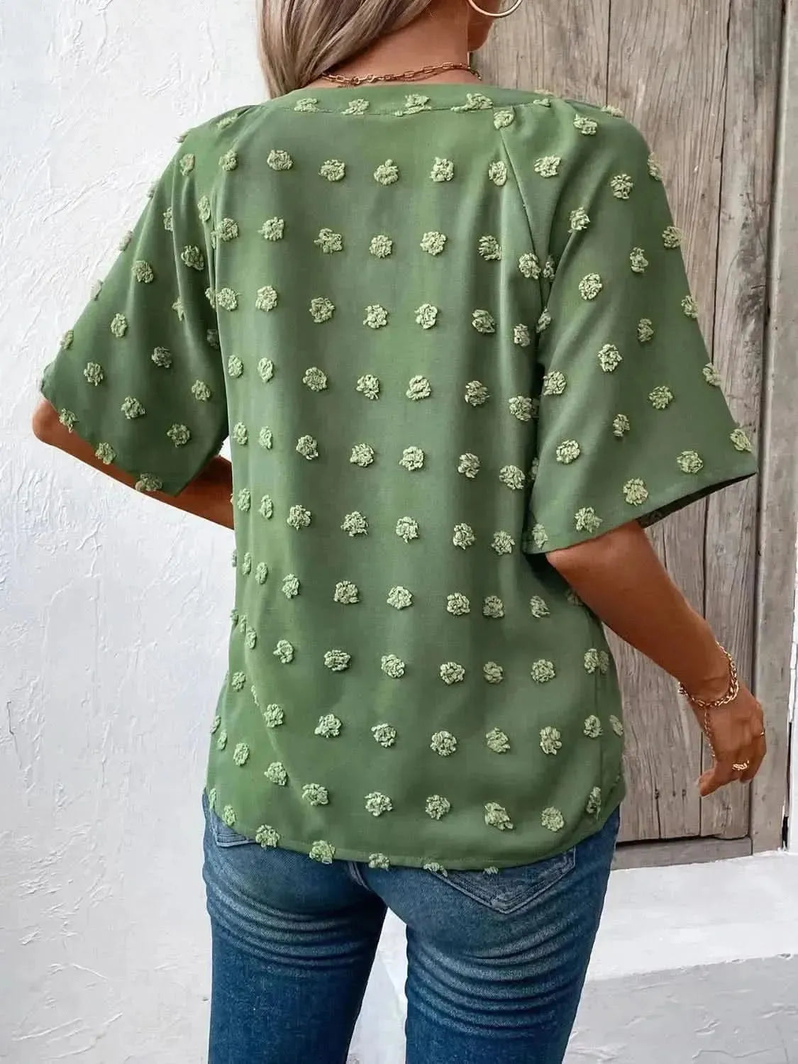 Ivy Lane Swiss Dot Notched Half Sleeve Blouse - Bad Moms Club