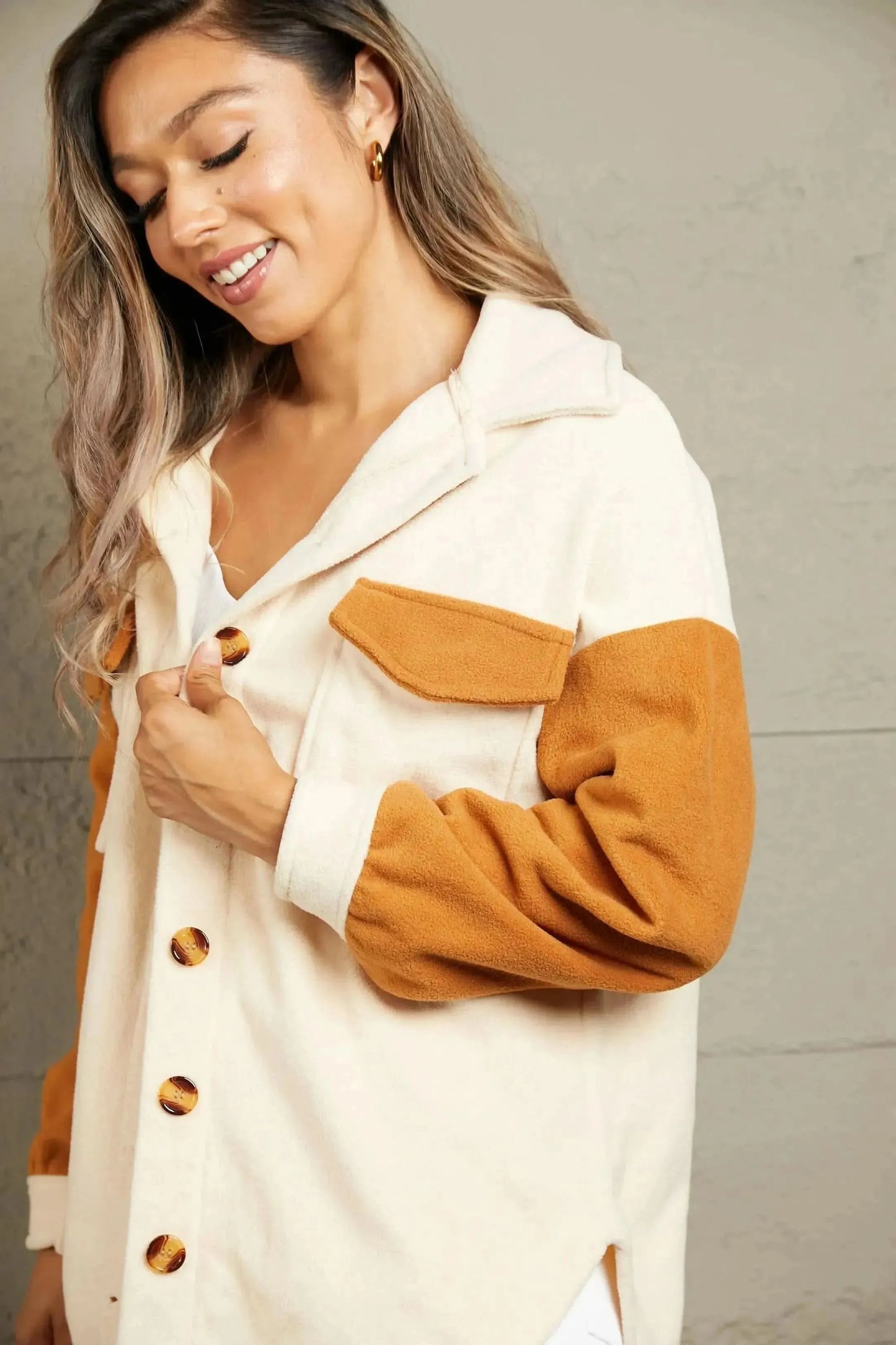 Contrast Button-Up Fleece Jacket - Bad Moms Club