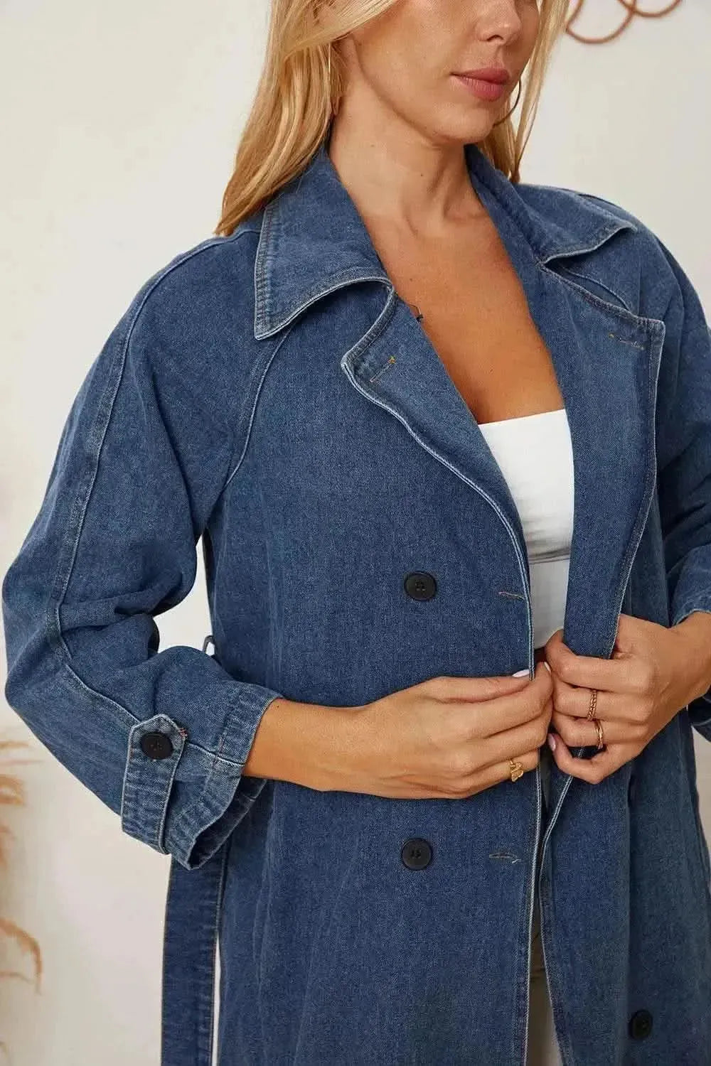 MeiMei Double-Breasted Belted Longline Denim Jacket - Bad Moms Club