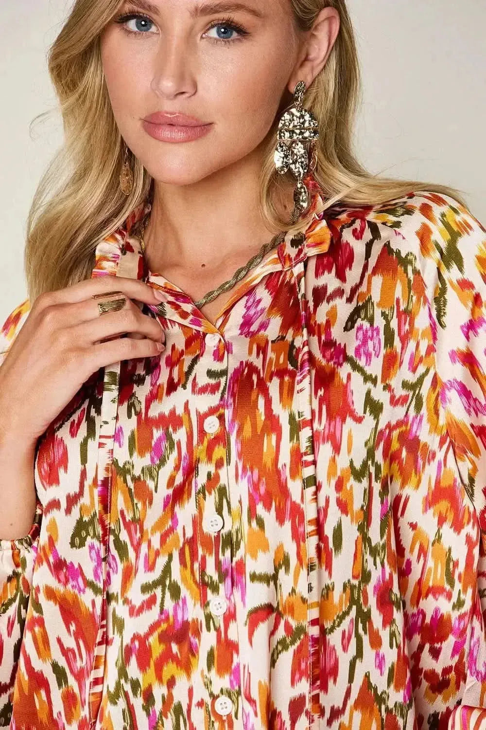 Double Take Full Size Printed Button Up Long Sleeve Shirt - Bad Moms Club