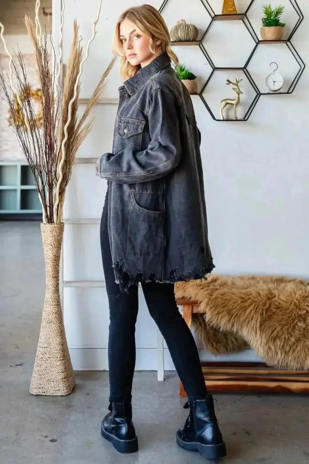 Veveret Button Up Distressed Frayed Hem Denim Jacket - Bad Moms Club
