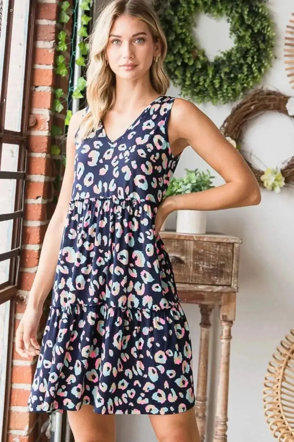 Heimish Full Size Leopard V-Neck Ruffled Tank Dress - Bad Moms Club