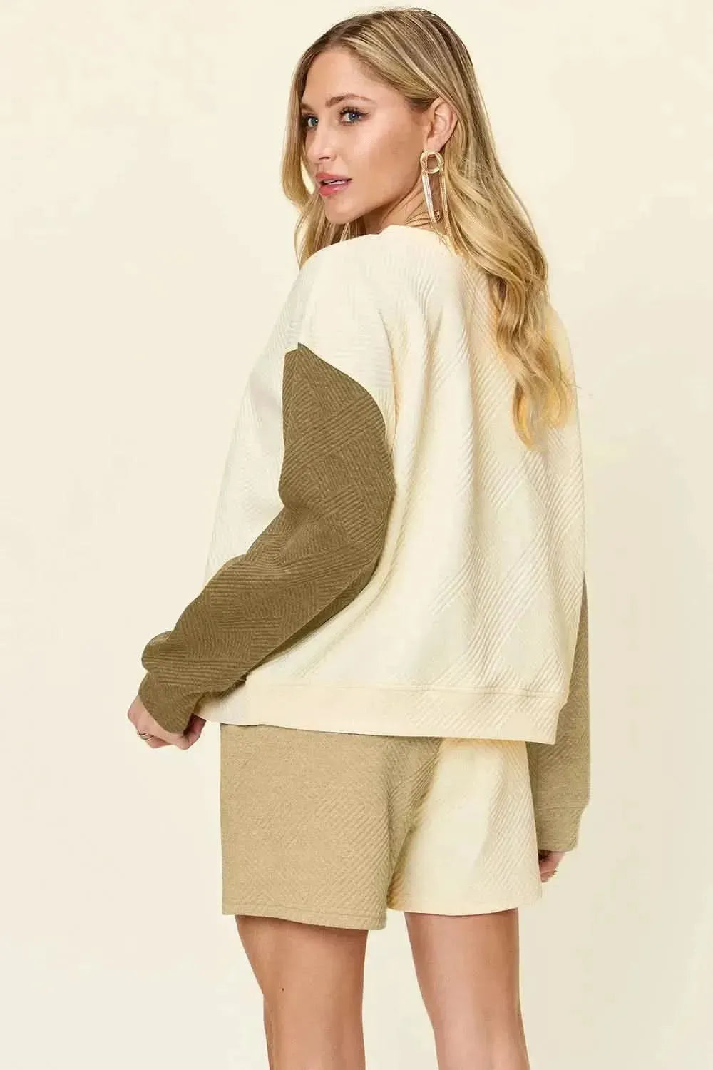 Double Take Full Size Contrast Drop Shoulder Top and Shorts Set - Bad Moms Club