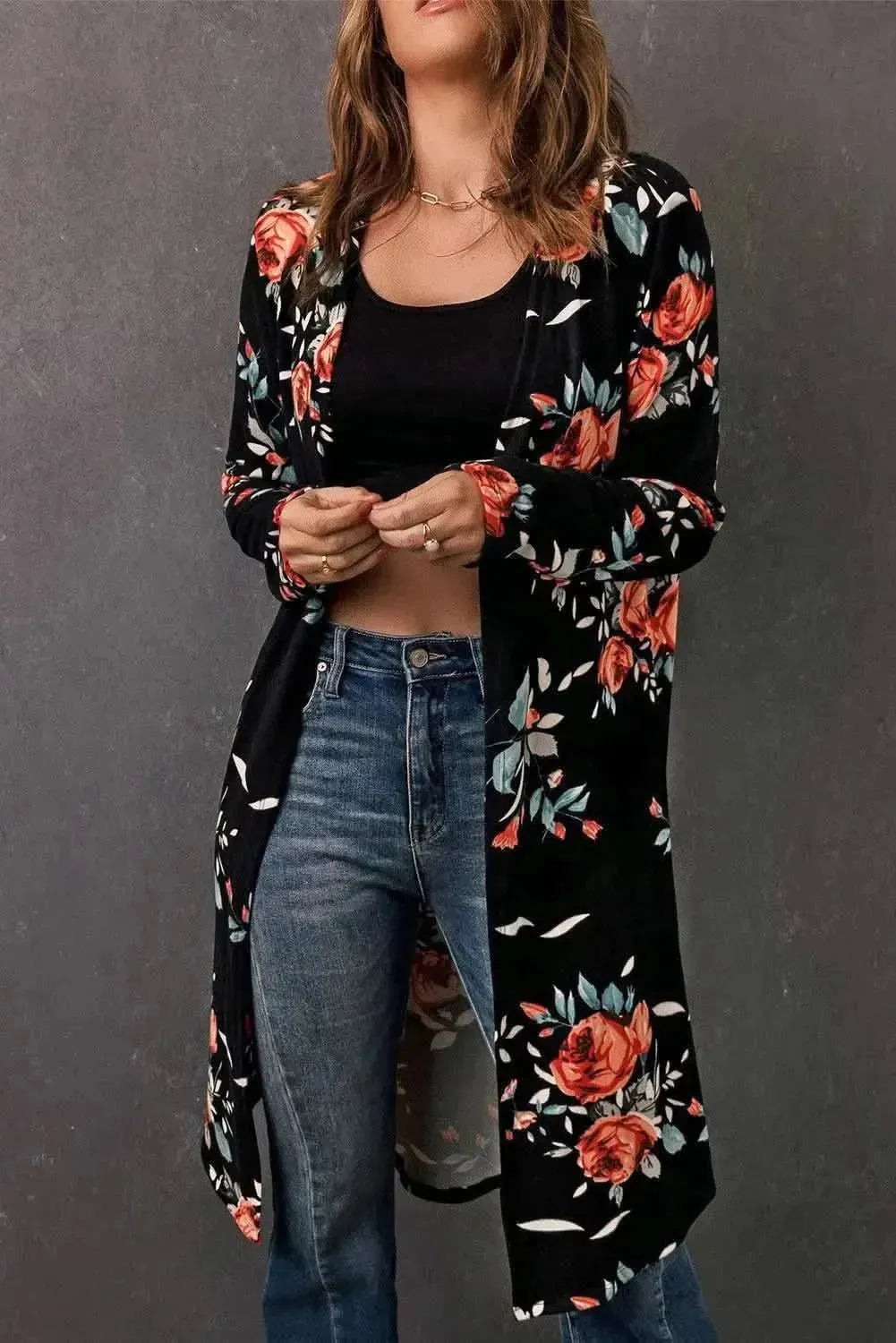 Double Take Printed Open Front Longline Cardigan - Bad Moms Club