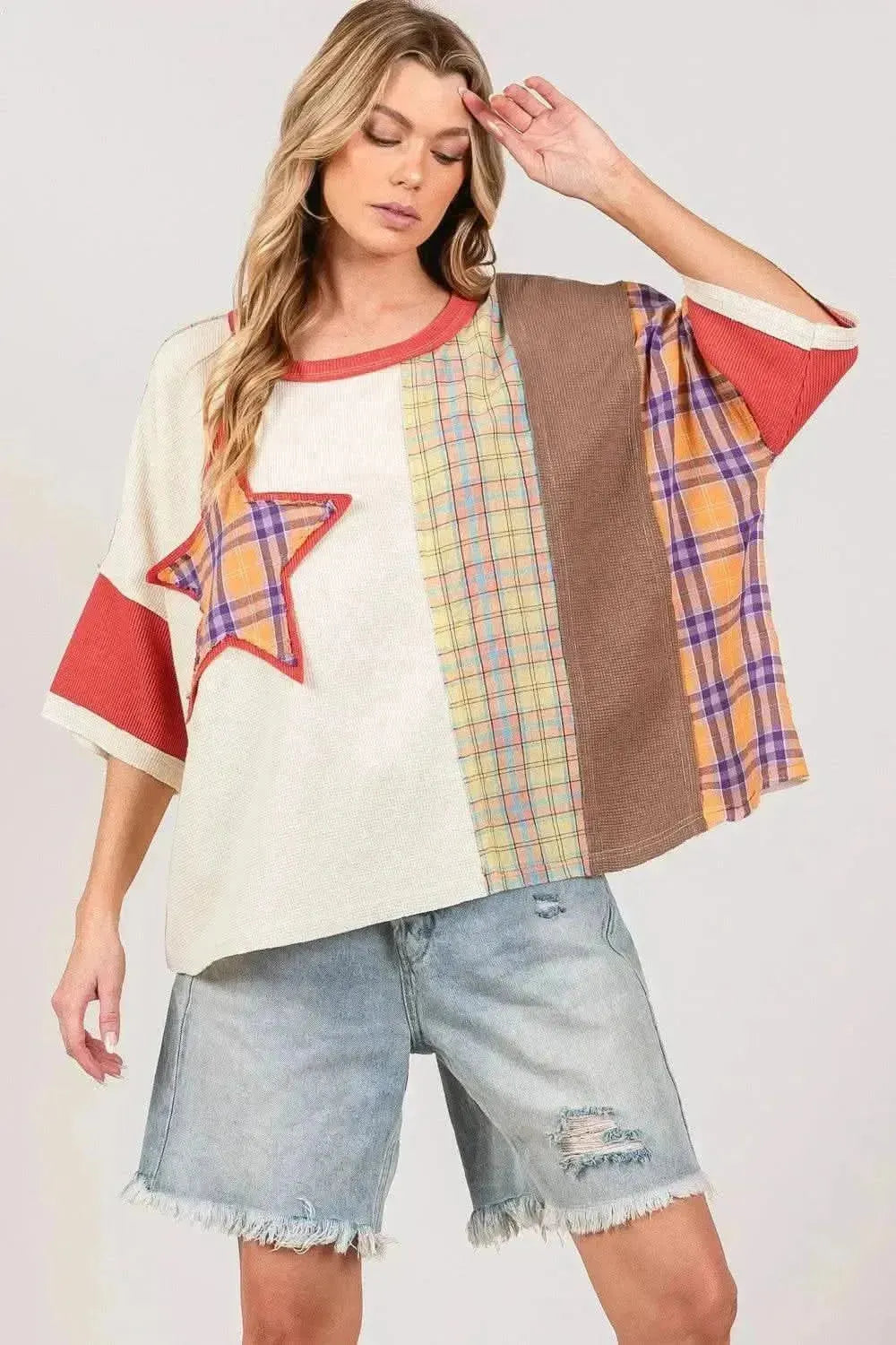 SAGE + FIG Round Neck Plaid Star Patch T-Shirt - Bad Moms Club