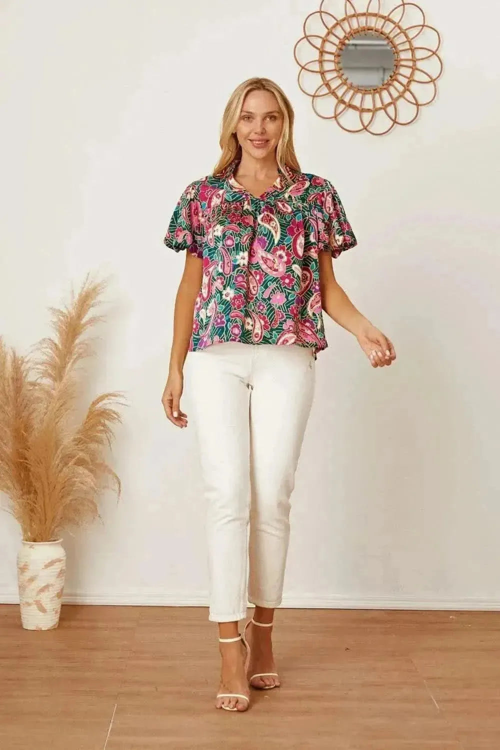 Floral Collared Neck Short Sleeve Blouse - Bad Moms Club