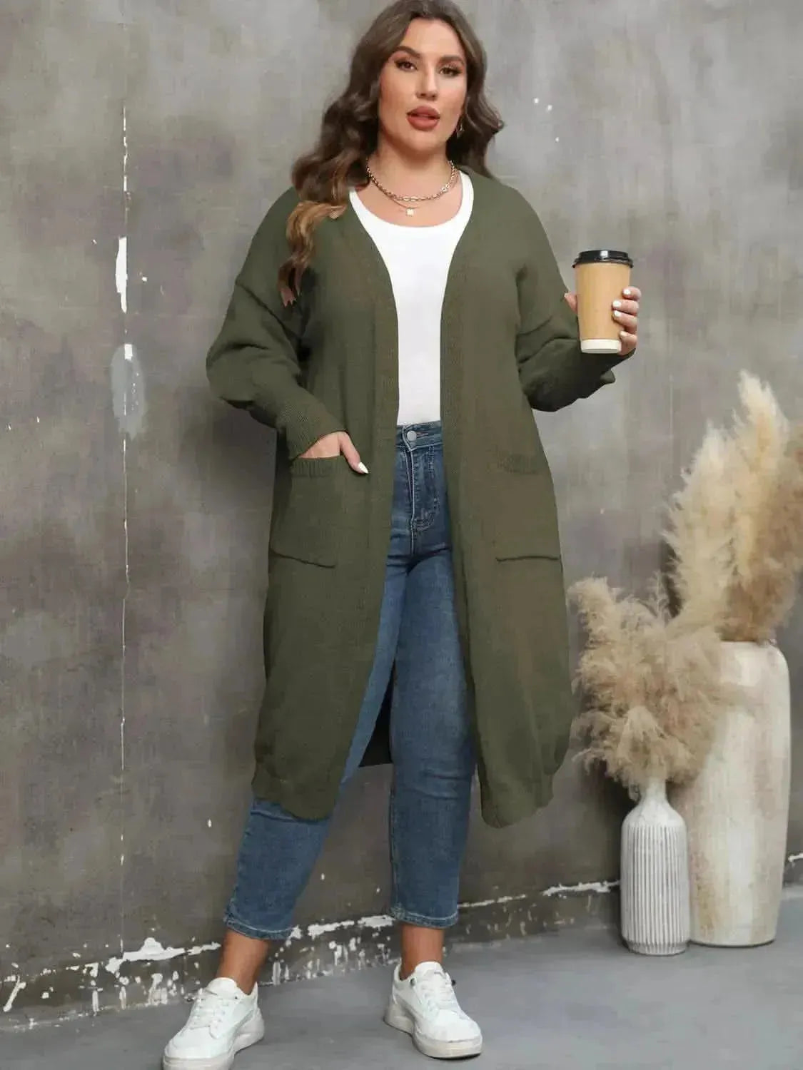 Plus Size Long Sleeve Pocketed Cardigan - Bad Moms Club