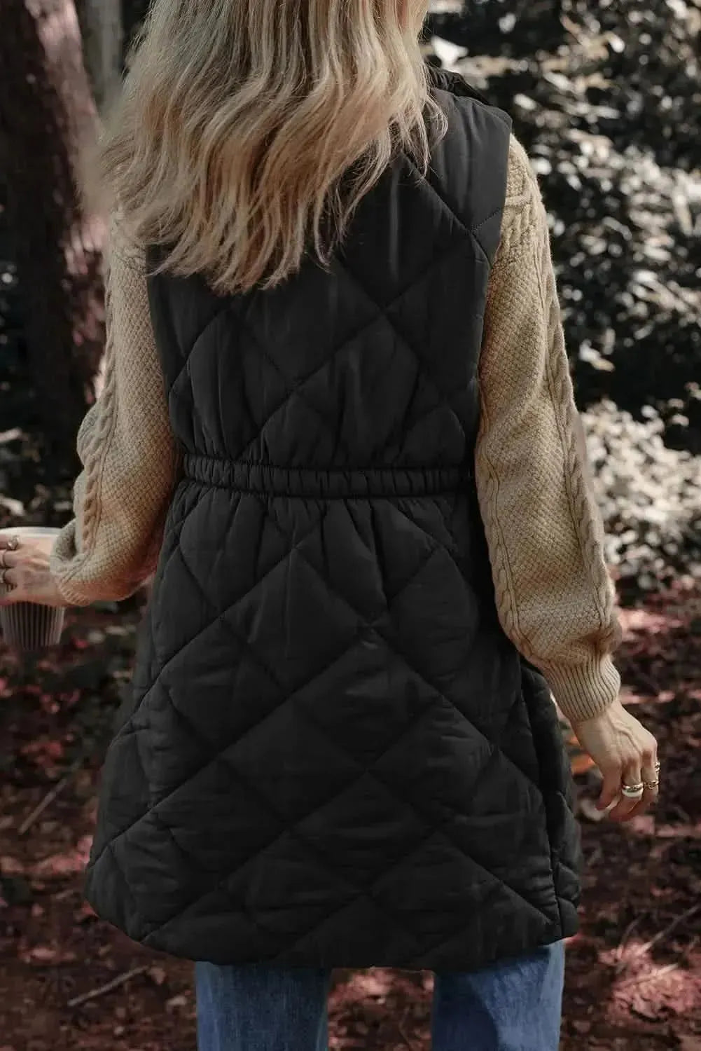 Pocketed Zipper and Button Vest Coat - Bad Moms Club