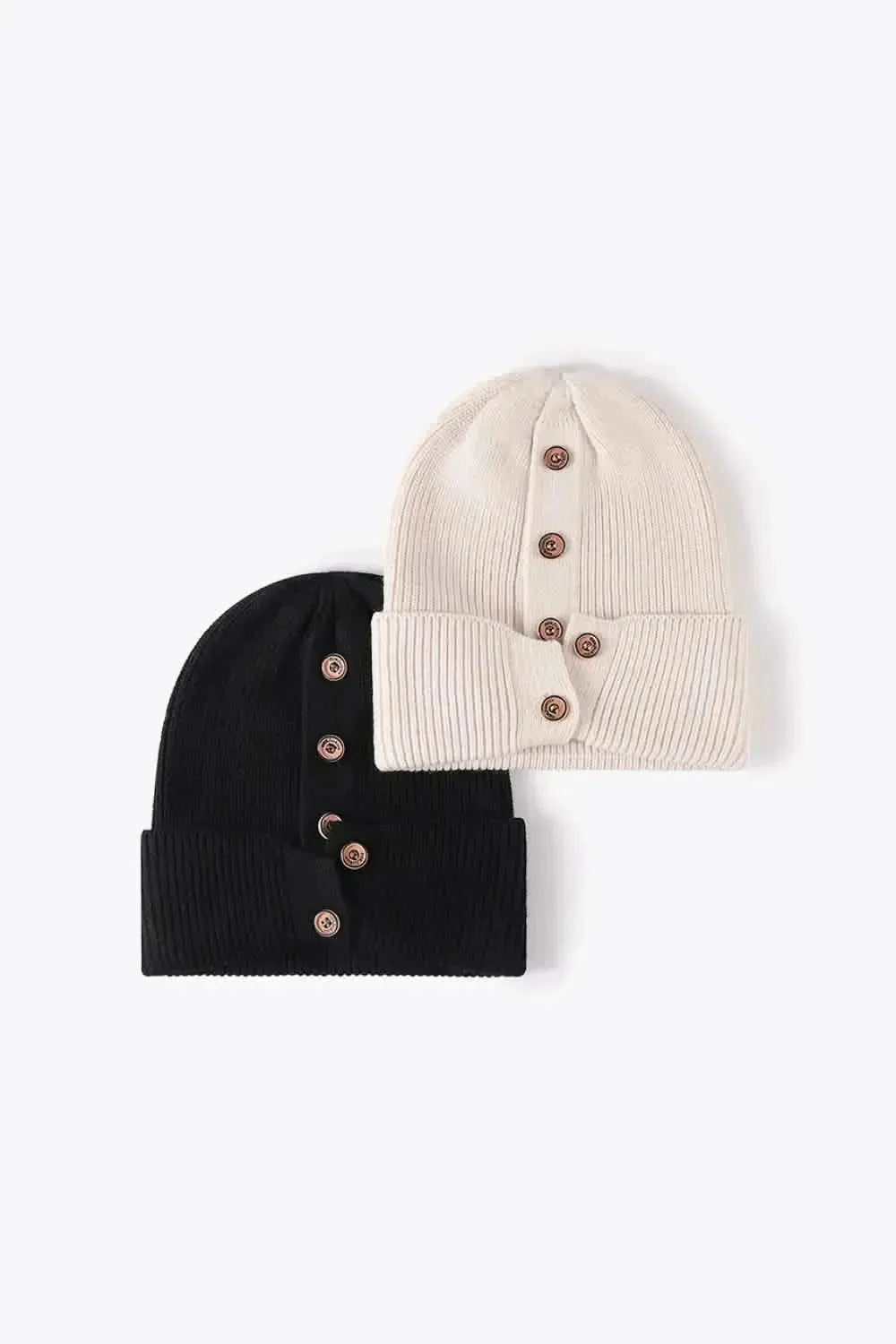 Button Detail Rib-Knit Cuff Beanie - Bad Moms Club
