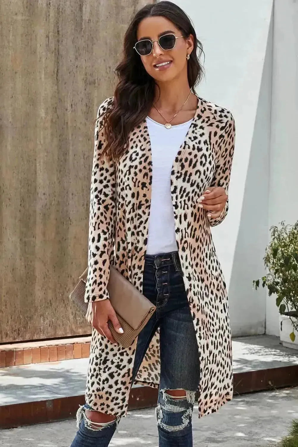 Double Take Printed Open Front Longline Cardigan - Bad Moms Club
