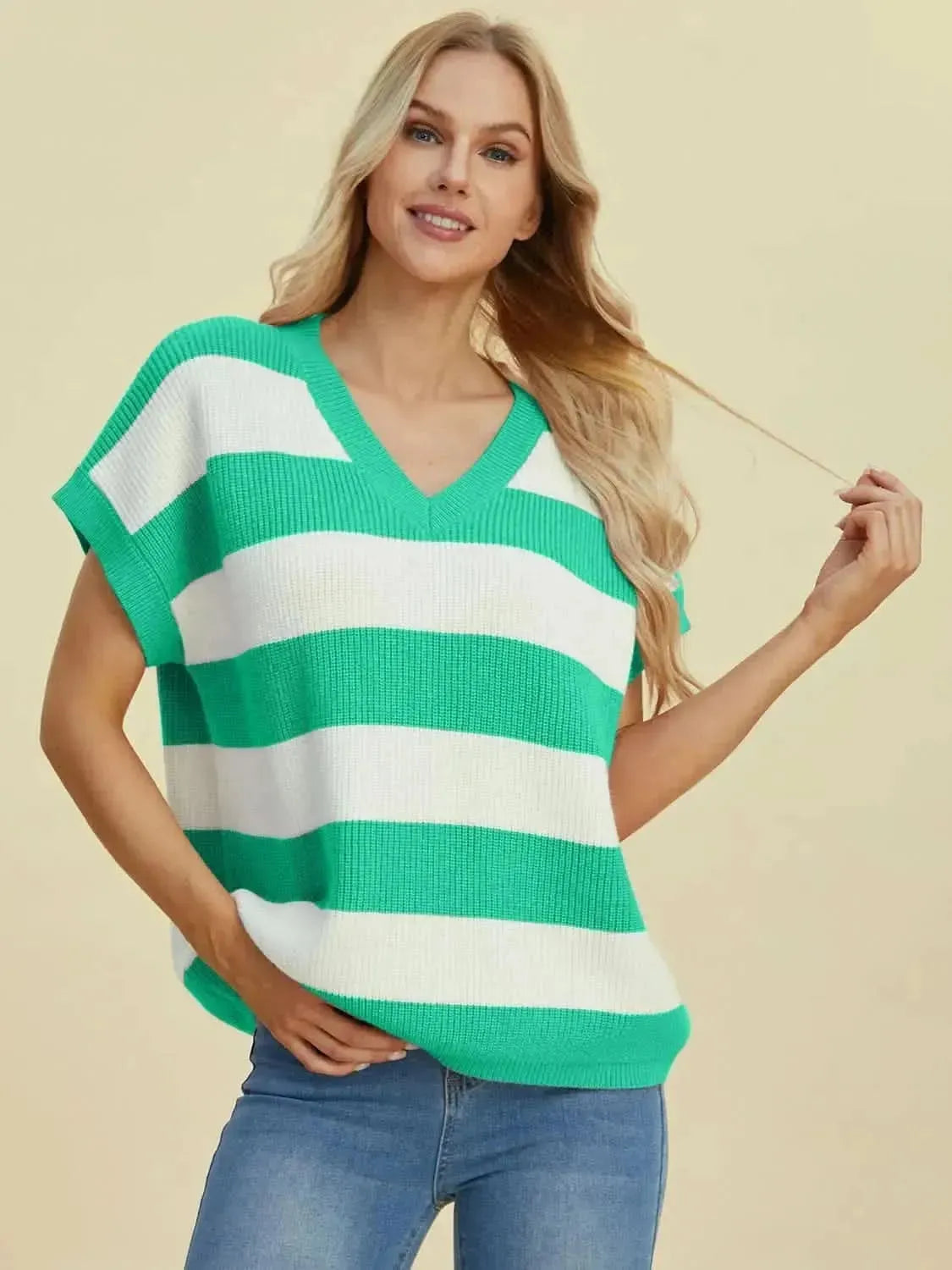Double Take Full Size Striped V-Neck Short Sleeve Sweater - Bad Moms Club