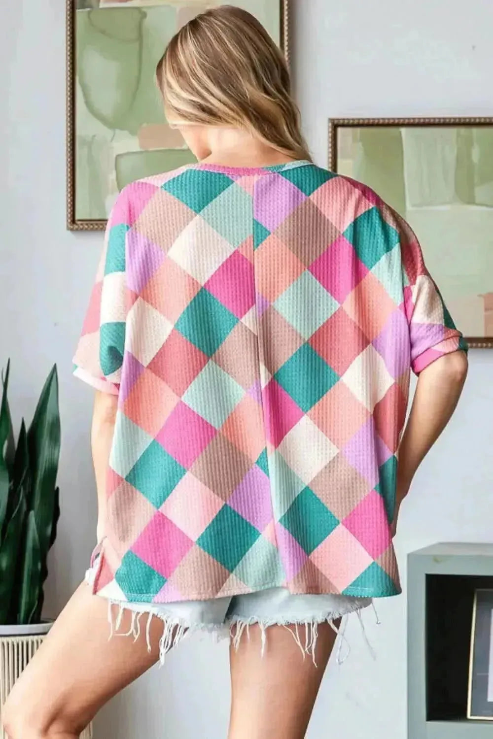 HOPELY Full Size Multi Colored Argyle Side Slit T-Shirt - Bad Moms Club